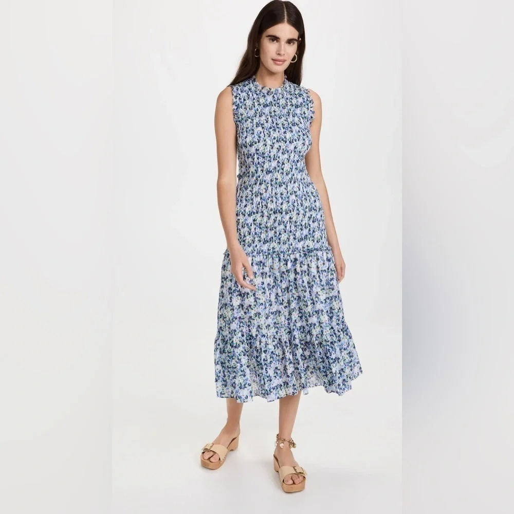 VERONICA BEARD Blue Floral Verena Smocked Dress Sleeveless